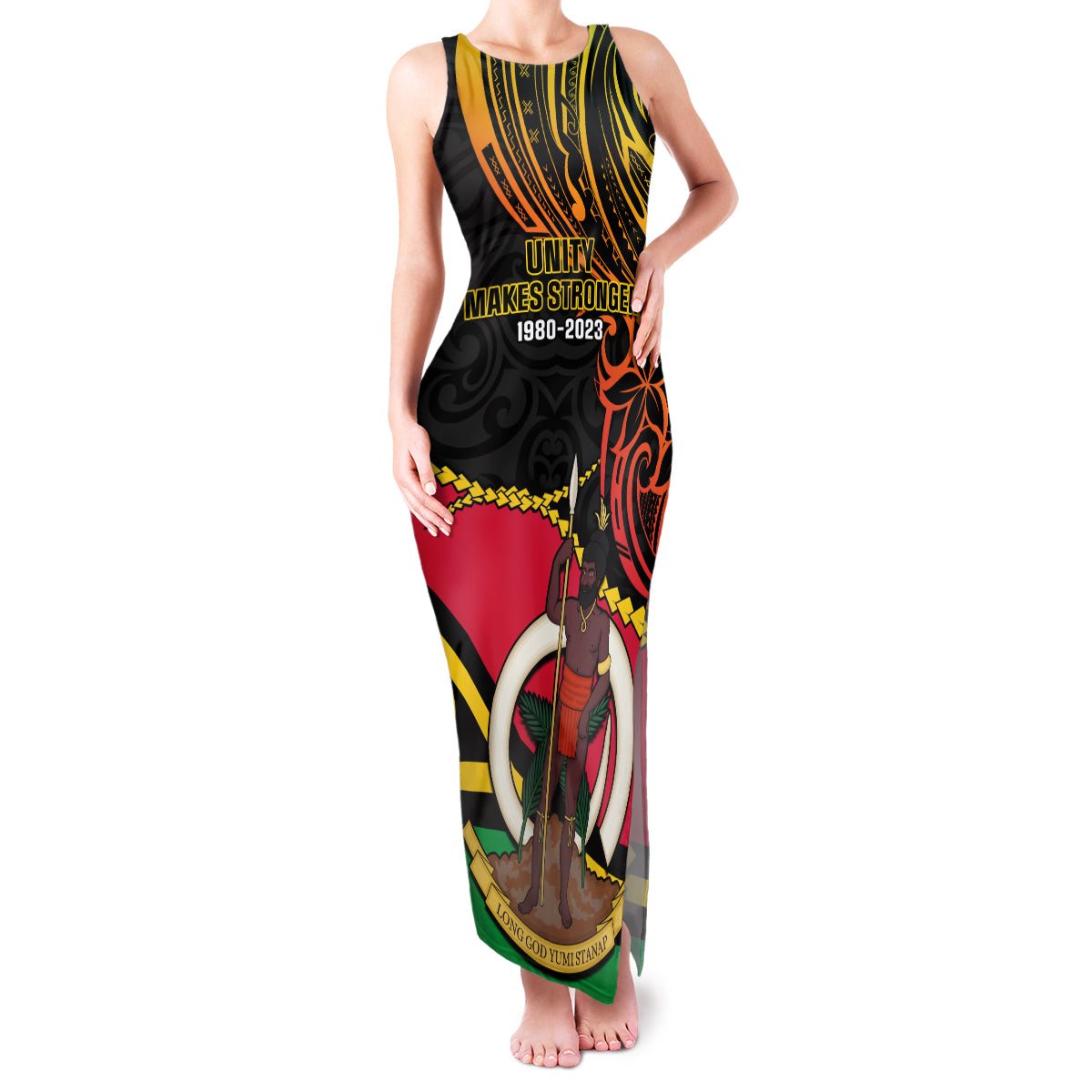Personalised Vanuatu Unity Day Family Matching Tank Maxi Dress and Hawaiian Shirt 29 November Coat Of Arms With Flag Style LT14 Mom's Dress Black - Polynesian Pride