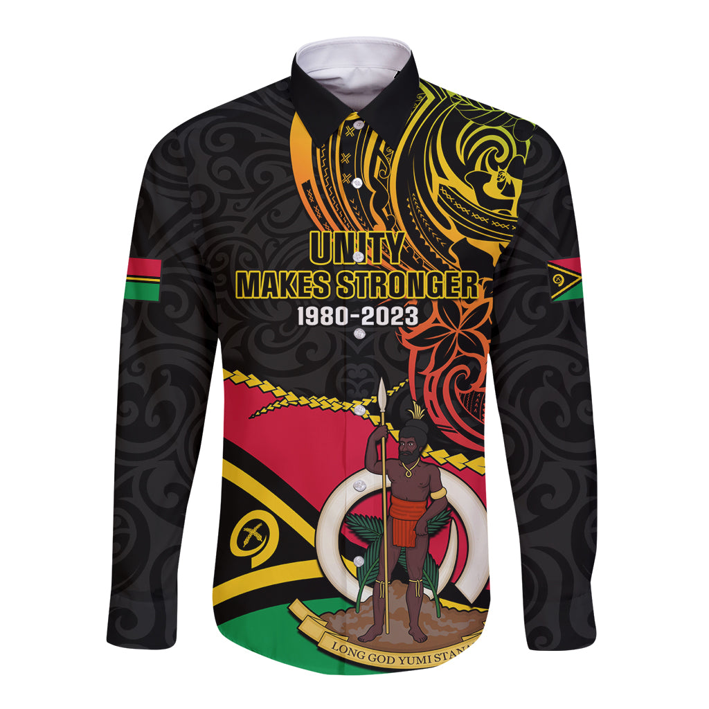 Personalised Vanuatu Unity Day Long Sleeve Button Shirt 29 November Coat Of Arms With Flag Style LT14 Unisex Black - Polynesian Pride