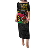 Personalised Vanuatu Unity Day Puletasi 29 November Coat Of Arms With Flag Style LT14 Long Dress Black - Polynesian Pride