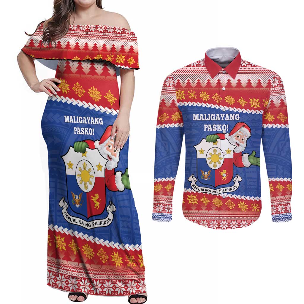 Personalized The Philippines Christmas Couples Matching Off Shoulder Maxi Dress and Long Sleeve Button Shirt Pilipinas Parol - Maligayang Pasko! LT14 Blue - Polynesian Pride