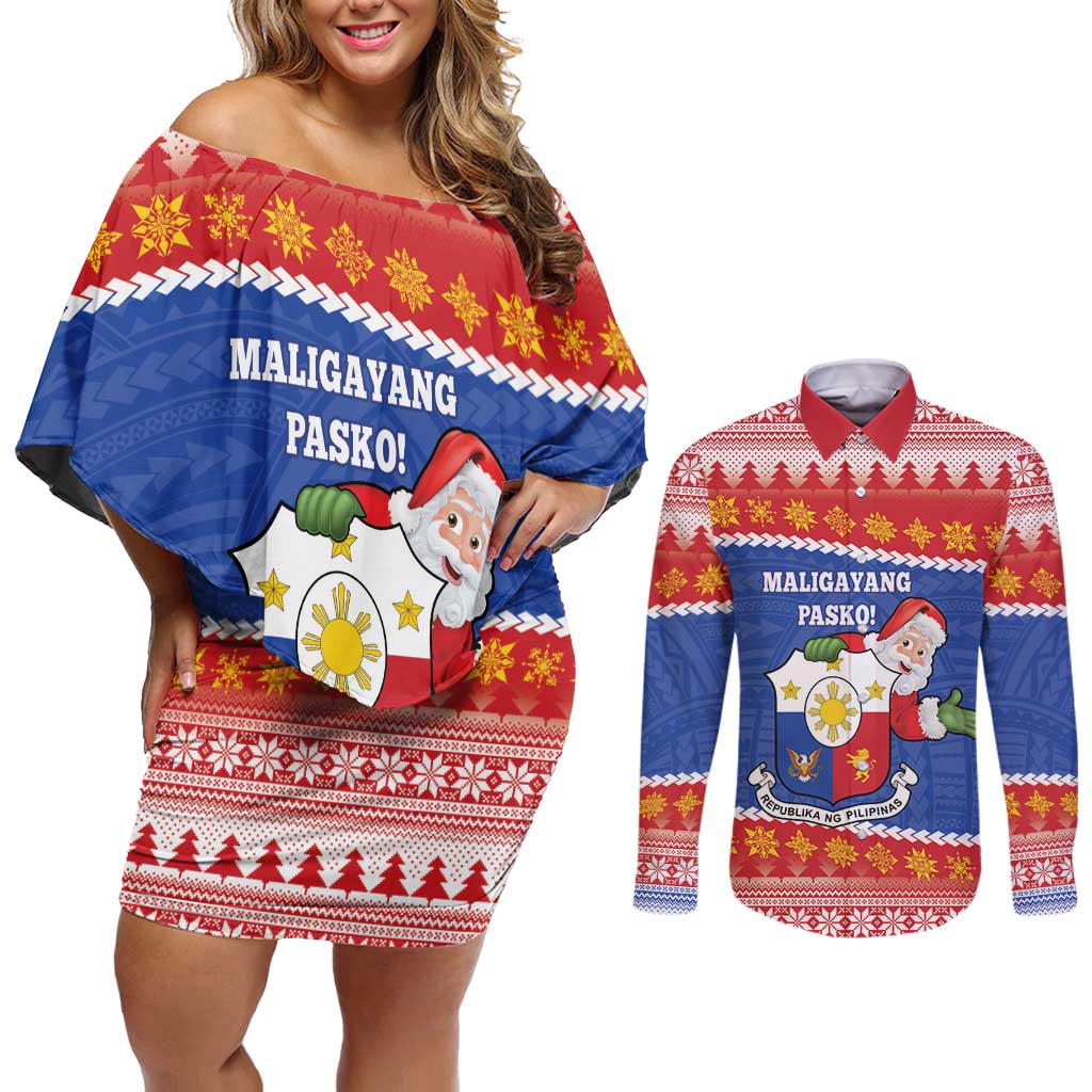 Personalized The Philippines Christmas Couples Matching Off Shoulder Short Dress and Long Sleeve Button Shirt Pilipinas Parol - Maligayang Pasko! LT14 Blue - Polynesian Pride