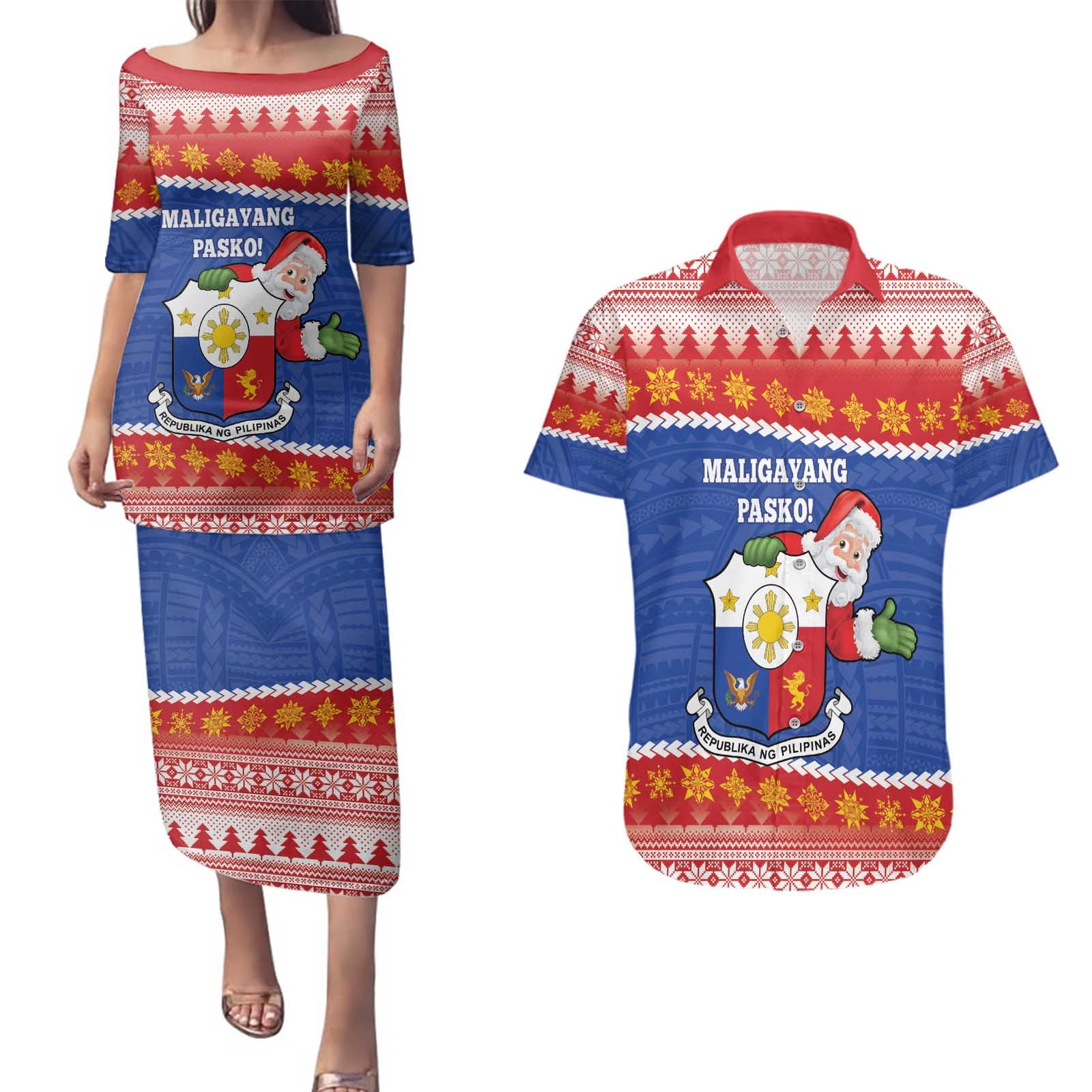 Personalized The Philippines Christmas Couples Matching Puletasi and Hawaiian Shirt Pilipinas Parol - Maligayang Pasko! LT14 Blue - Polynesian Pride