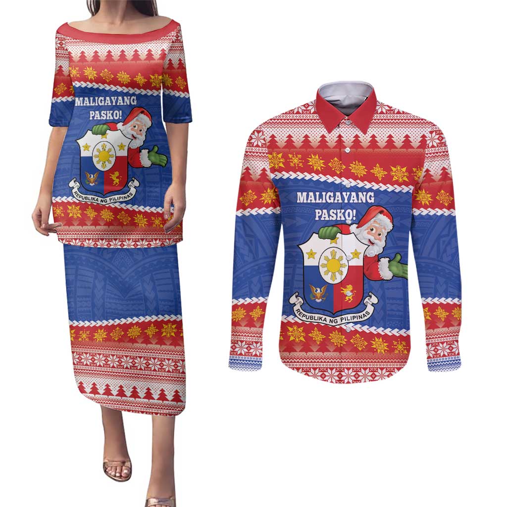 Personalized The Philippines Christmas Couples Matching Puletasi and Long Sleeve Button Shirt Pilipinas Parol - Maligayang Pasko! LT14 Blue - Polynesian Pride