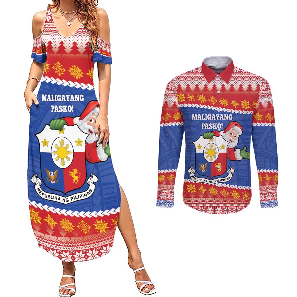 Personalized The Philippines Christmas Couples Matching Summer Maxi Dress and Long Sleeve Button Shirt Pilipinas Parol - Maligayang Pasko! LT14 Blue - Polynesian Pride
