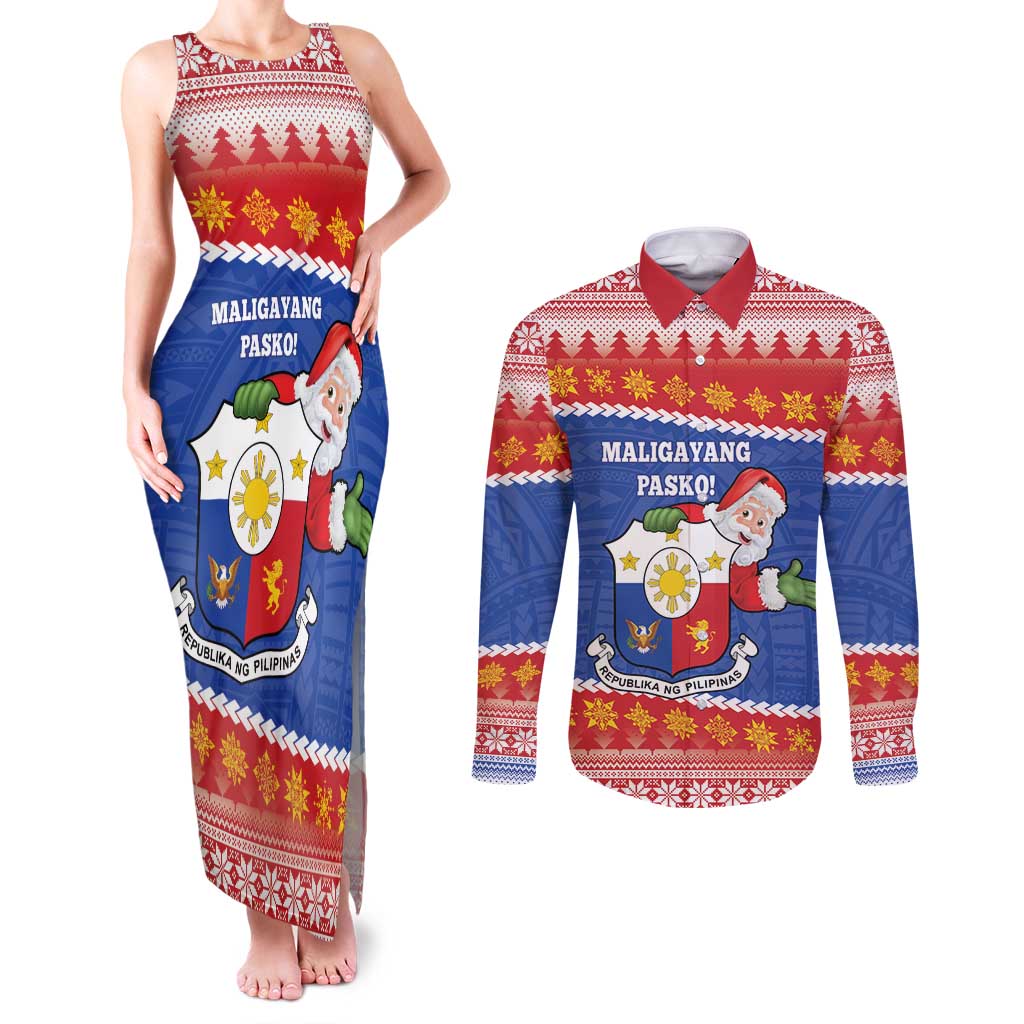 Personalized The Philippines Christmas Couples Matching Tank Maxi Dress and Long Sleeve Button Shirt Pilipinas Parol - Maligayang Pasko! LT14 Blue - Polynesian Pride