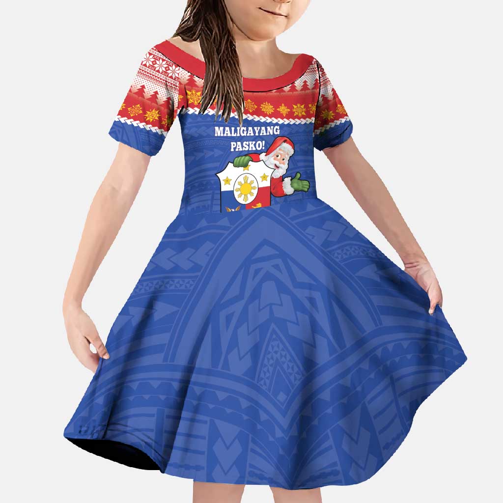 Personalized The Philippines Christmas Family Matching Tank Maxi Dress and Hawaiian Shirt Pilipinas Parol - Maligayang Pasko! LT14 Daughter's Dress Blue - Polynesian Pride