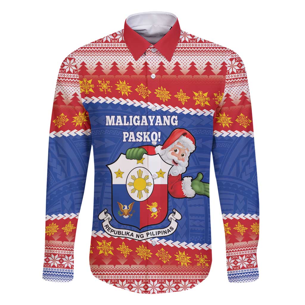 Personalized The Philippines Christmas Family Matching Tank Maxi Dress and Hawaiian Shirt Pilipinas Parol - Maligayang Pasko! LT14 Dad's Shirt - Long Sleeve Blue - Polynesian Pride