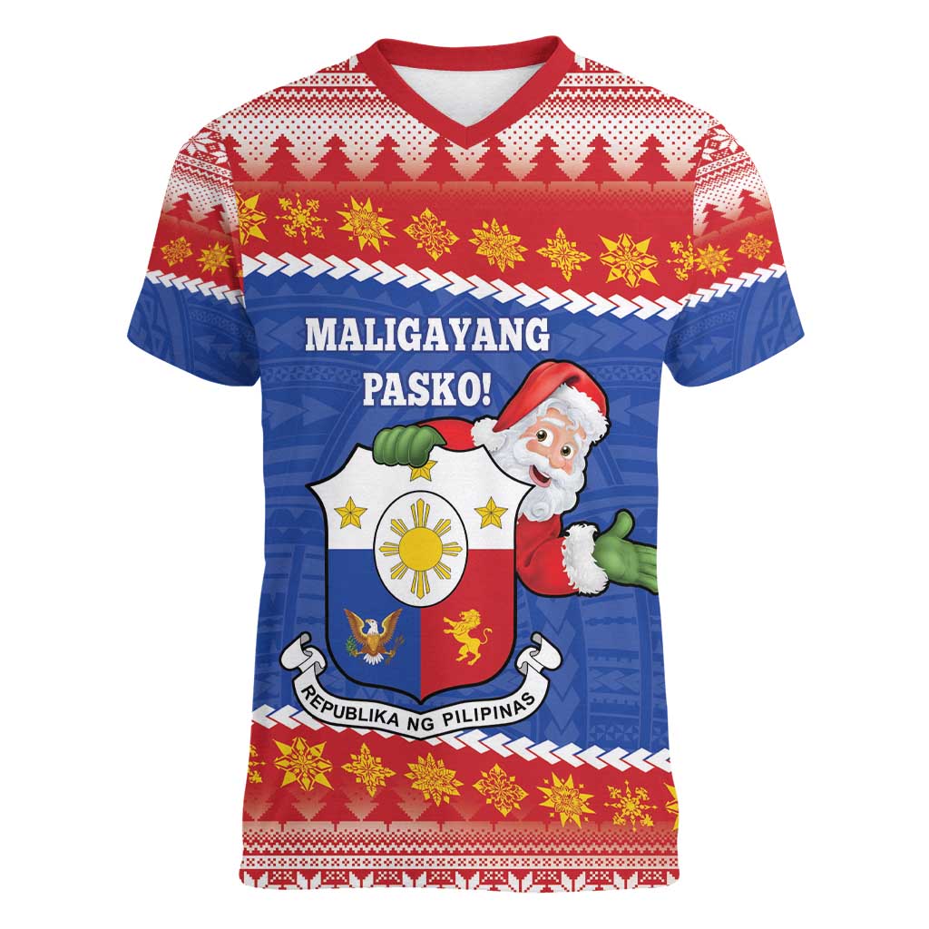 Personalized The Philippines Christmas Women V-Neck T-Shirt Pilipinas Parol - Maligayang Pasko! LT14 Female Blue - Polynesian Pride
