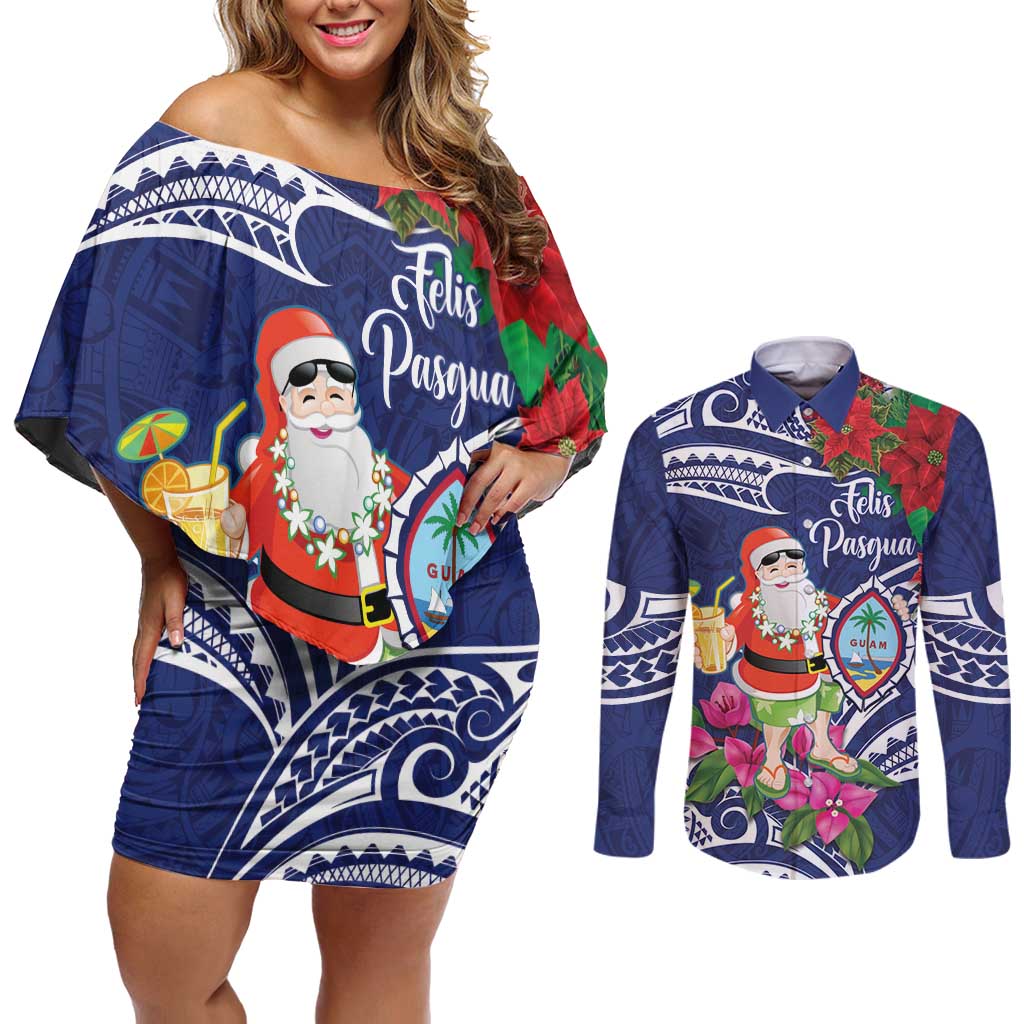 Guam Christmas Couples Matching Off Shoulder Short Dress and Long Sleeve Button Shirt Poinsettia With Bougainvillea - Felis Pasgua!