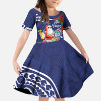 Guam Christmas Family Matching Mermaid Dress and Hawaiian Shirt Poinsettia With Bougainvillea - Felis Pasgua! LT14 Daughter's Dress Blue - Polynesian Pride