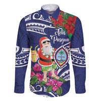 Guam Christmas Family Matching Mermaid Dress and Hawaiian Shirt Poinsettia With Bougainvillea - Felis Pasgua! LT14 Dad's Shirt - Long Sleeve Blue - Polynesian Pride