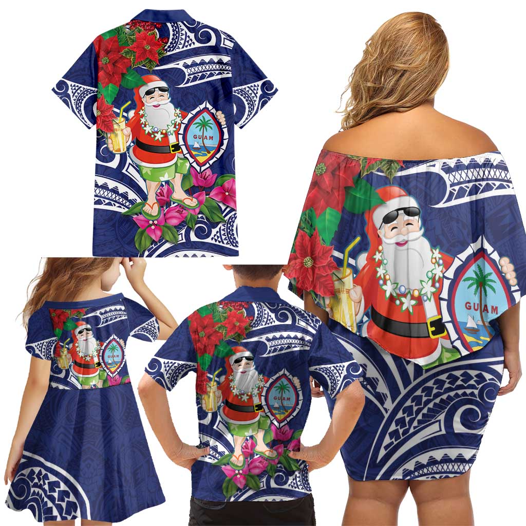 Guam Christmas Family Matching Off Shoulder Short Dress and Hawaiian Shirt Poinsettia With Bougainvillea - Felis Pasgua!