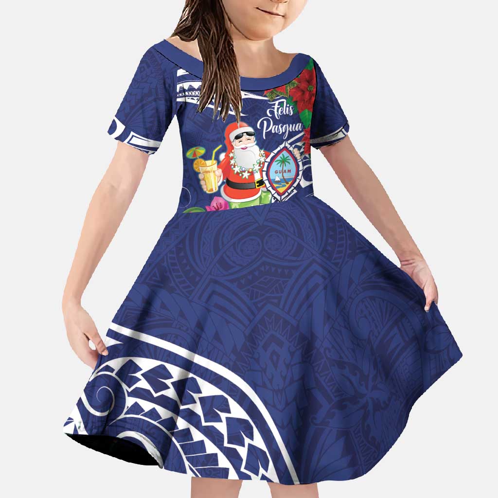 Guam Christmas Family Matching Tank Maxi Dress and Hawaiian Shirt Poinsettia With Bougainvillea - Felis Pasgua! LT14 Daughter's Dress Blue - Polynesian Pride