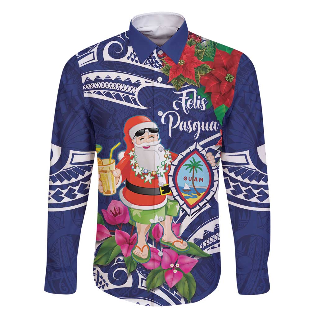 Guam Christmas Family Matching Tank Maxi Dress and Hawaiian Shirt Poinsettia With Bougainvillea - Felis Pasgua! LT14 Dad's Shirt - Long Sleeve Blue - Polynesian Pride
