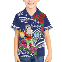 Guam Christmas Family Matching Tank Maxi Dress and Hawaiian Shirt Poinsettia With Bougainvillea - Felis Pasgua! LT14 Son's Shirt Blue - Polynesian Pride