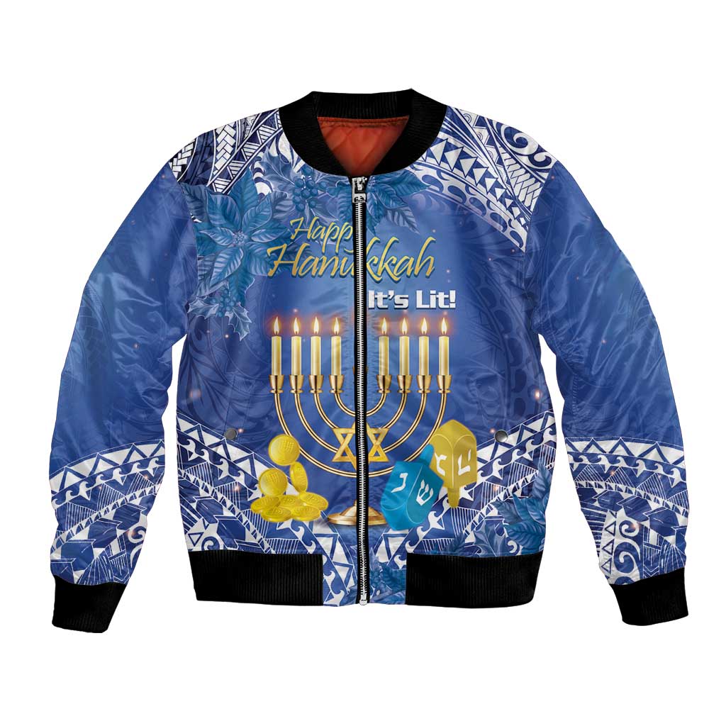 Personalised Hanukkah Jewish Festival Bomber Jacket It's Lit - Polynesian Pattern LT14 Unisex Blue - Polynesian Pride