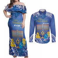 Personalised Hanukkah Jewish Festival Couples Matching Off Shoulder Maxi Dress and Long Sleeve Button Shirt It's Lit - Polynesian Pattern
