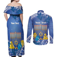 Personalised Hanukkah Jewish Festival Couples Matching Off Shoulder Maxi Dress and Long Sleeve Button Shirt It's Lit - Polynesian Pattern