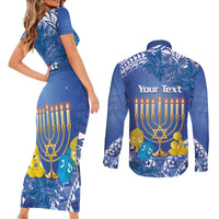 Personalised Hanukkah Jewish Festival Couples Matching Short Sleeve Bodycon Dress and Long Sleeve Button Shirt It's Lit - Polynesian Pattern