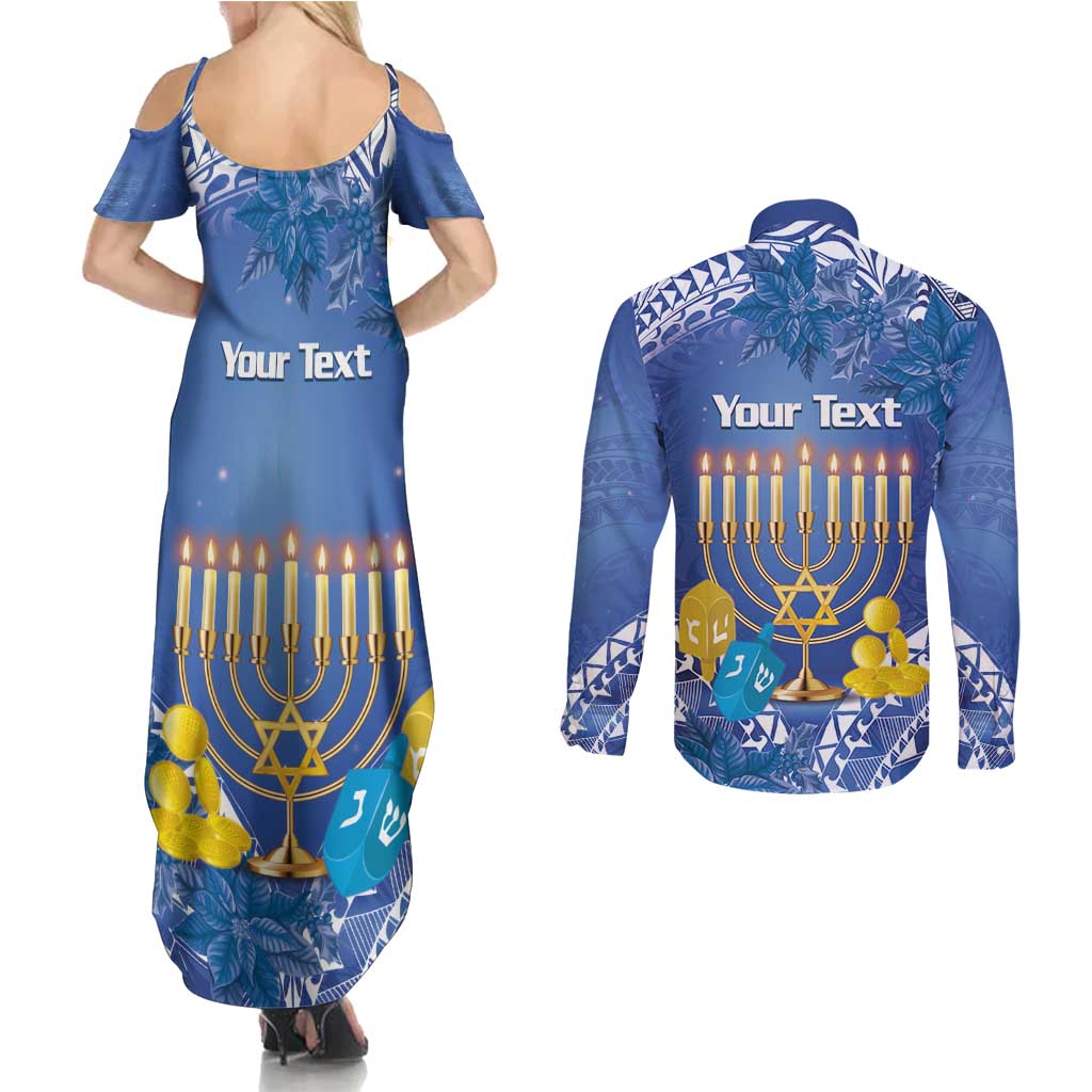 Personalised Hanukkah Jewish Festival Couples Matching Summer Maxi Dress and Long Sleeve Button Shirt It's Lit - Polynesian Pattern