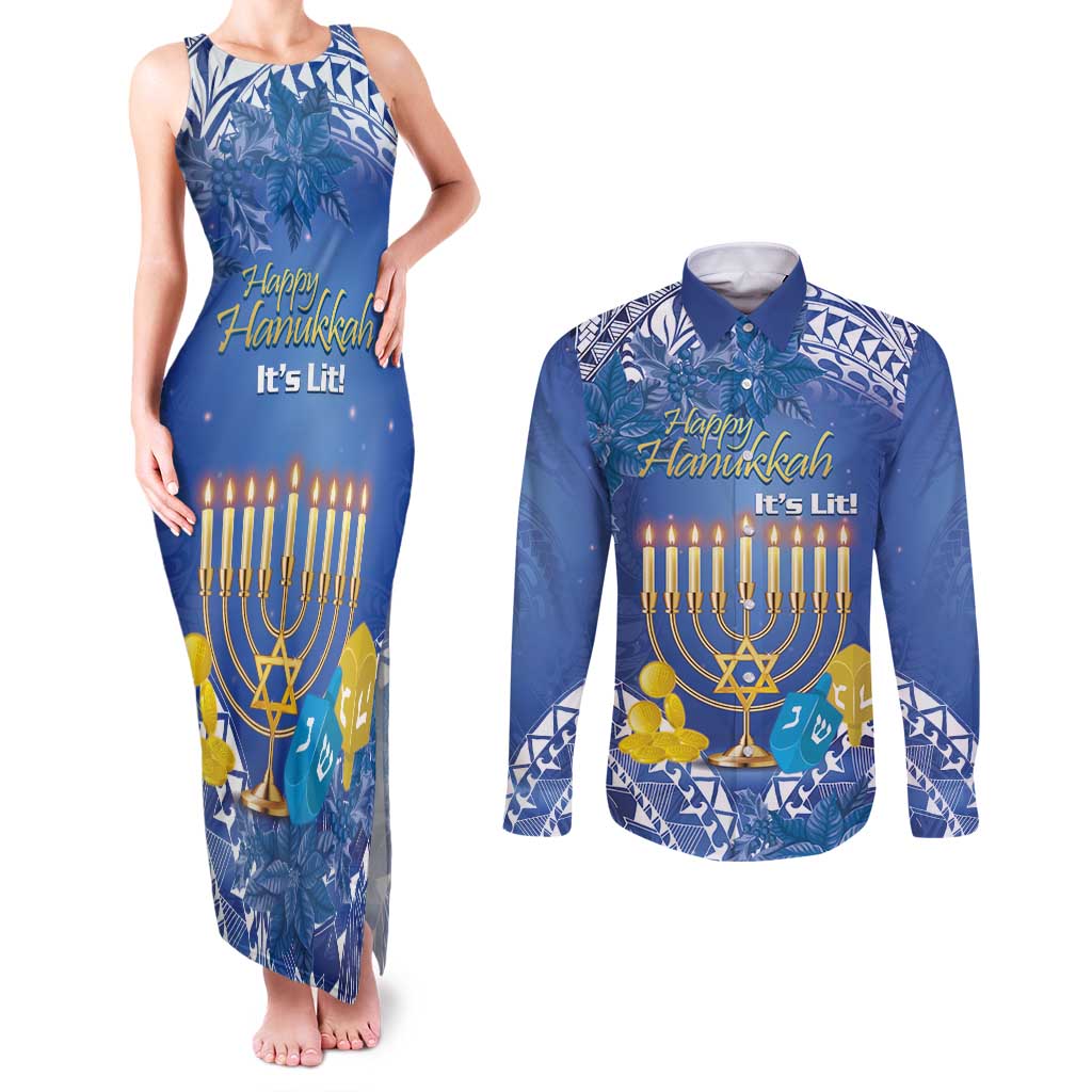Personalised Hanukkah Jewish Festival Couples Matching Tank Maxi Dress and Long Sleeve Button Shirt It's Lit - Polynesian Pattern