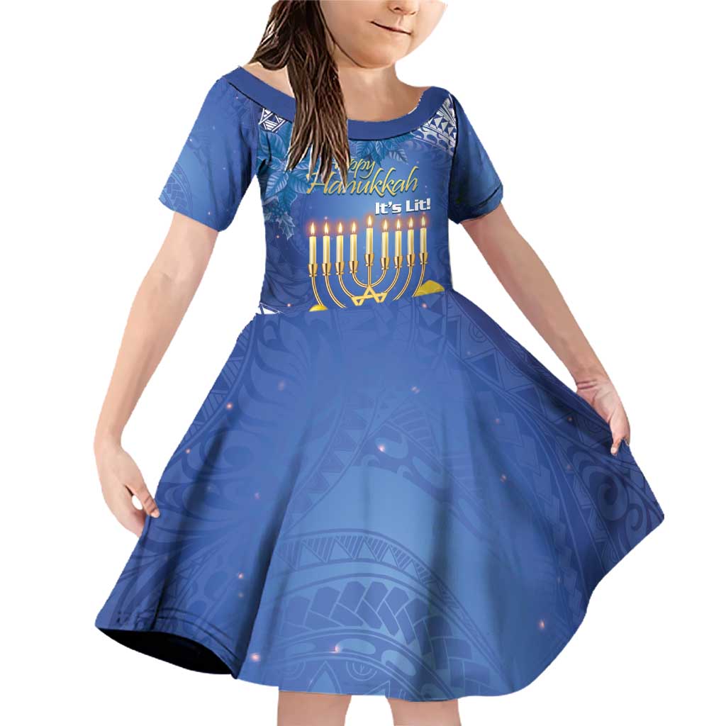 Personalised Hanukkah Jewish Festival Family Matching Off Shoulder Short Dress and Hawaiian Shirt It's Lit - Polynesian Pattern
