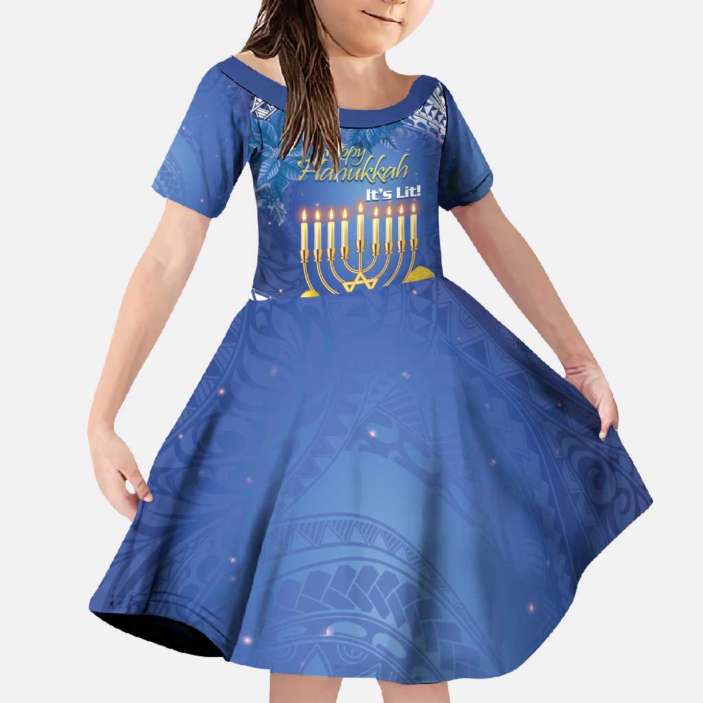 Personalised Hanukkah Jewish Festival Family Matching Tank Maxi Dress and Hawaiian Shirt It's Lit - Polynesian Pattern LT14 Daughter's Dress Blue - Polynesian Pride