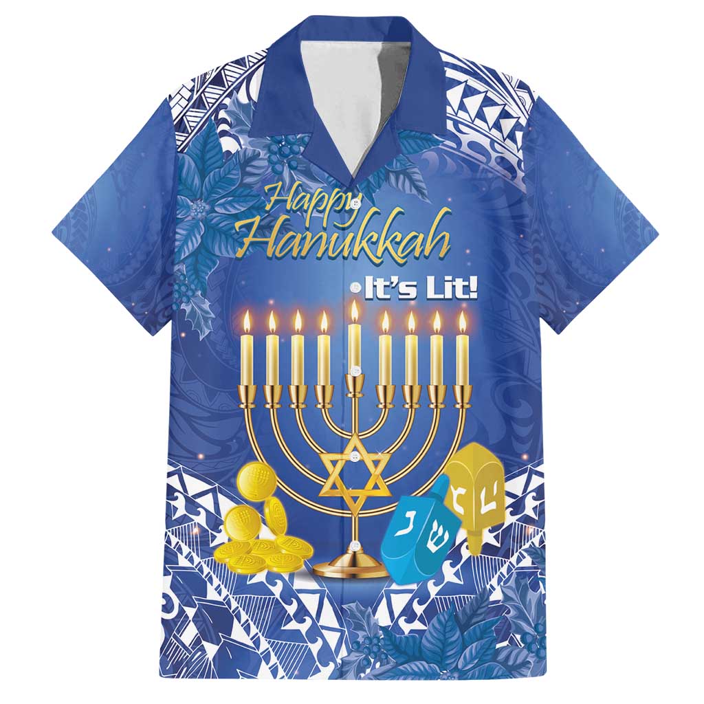 Personalised Hanukkah Jewish Festival Family Matching Tank Maxi Dress and Hawaiian Shirt It's Lit - Polynesian Pattern LT14 Dad's Shirt - Short Sleeve Blue - Polynesian Pride