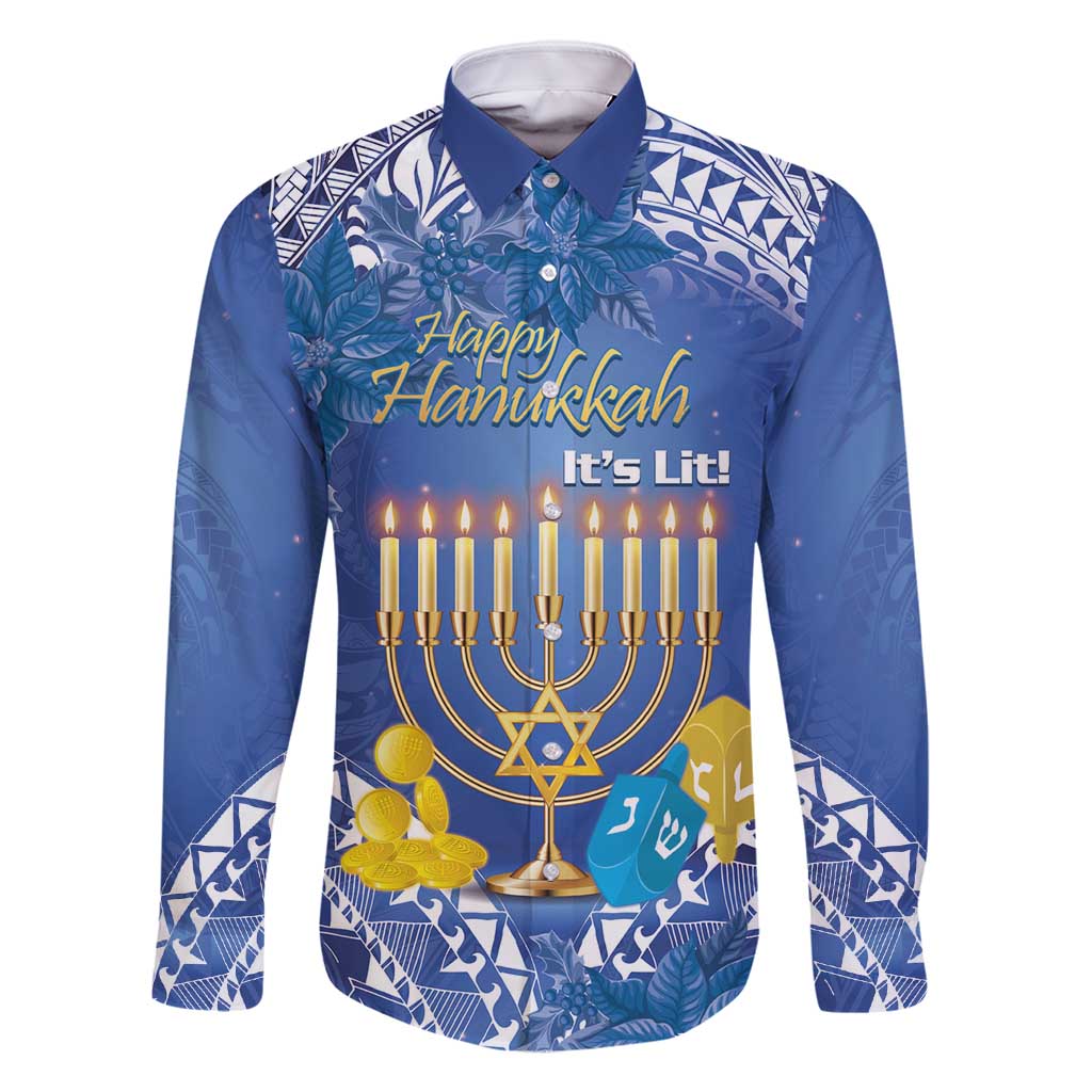 Personalised Hanukkah Jewish Festival Family Matching Tank Maxi Dress and Hawaiian Shirt It's Lit - Polynesian Pattern LT14 Dad's Shirt - Long Sleeve Blue - Polynesian Pride