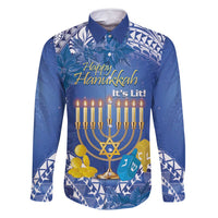 Personalised Hanukkah Jewish Festival Family Matching Tank Maxi Dress and Hawaiian Shirt It's Lit - Polynesian Pattern LT14 Dad's Shirt - Long Sleeve Blue - Polynesian Pride