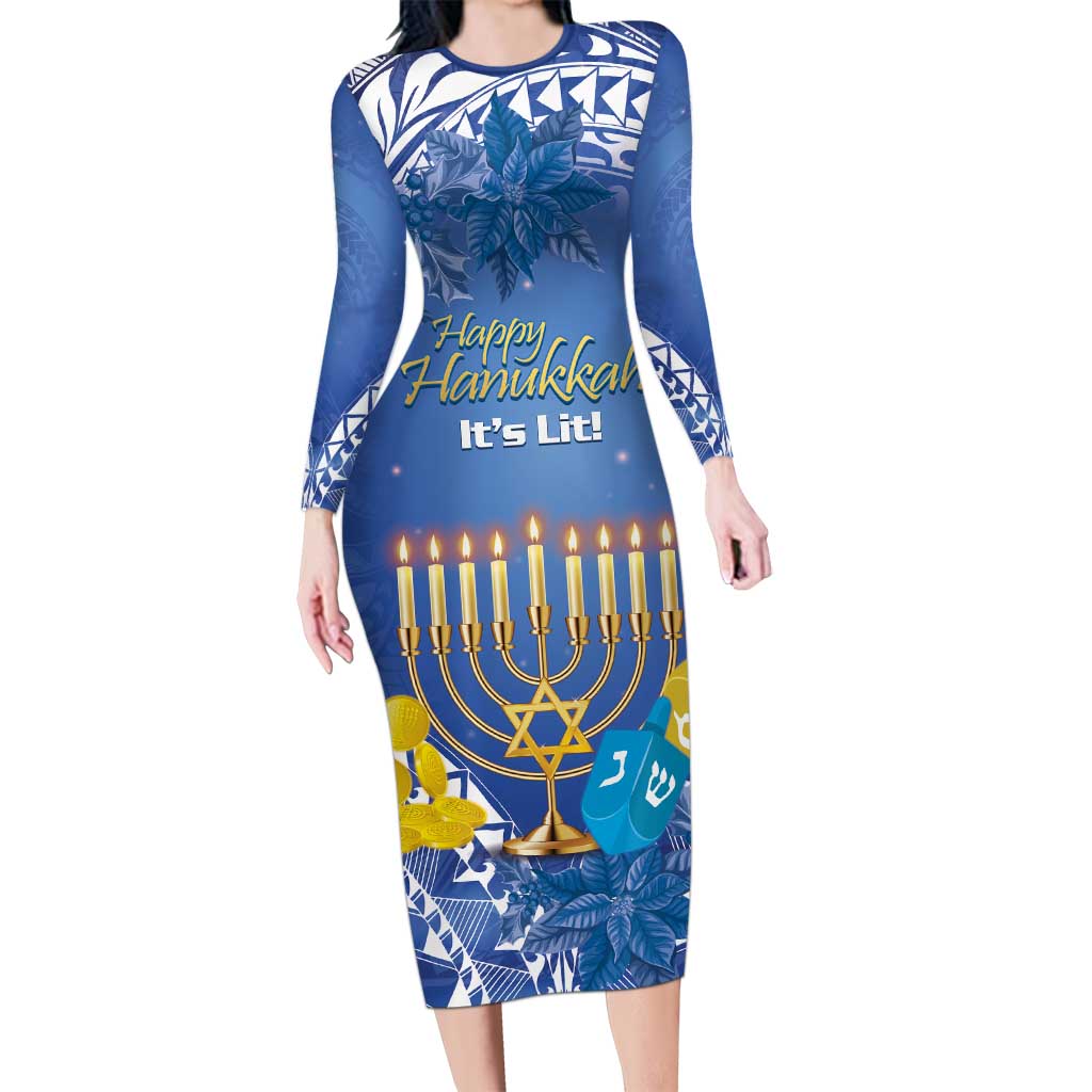 Personalised Hanukkah Jewish Festival Long Sleeve Bodycon Dress It's Lit - Polynesian Pattern LT14 Long Dress Blue - Polynesian Pride