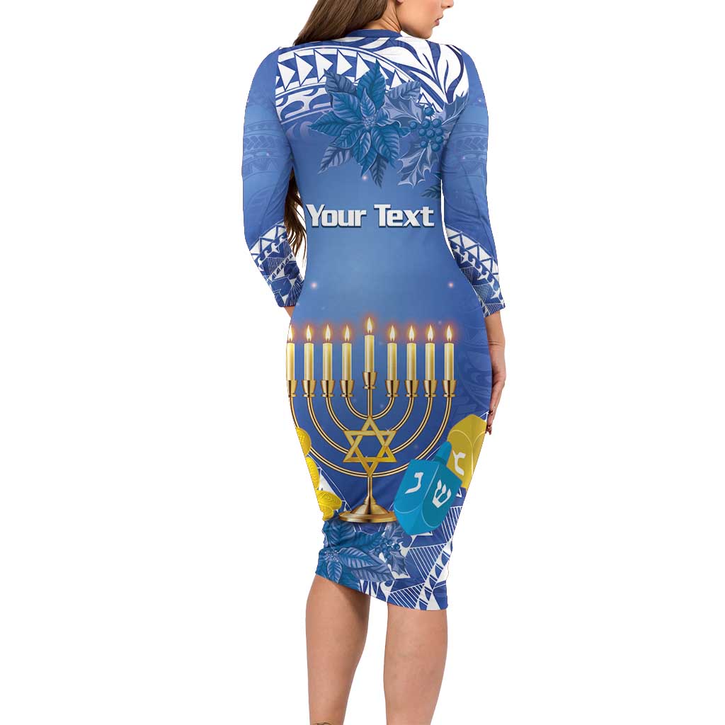Personalised Hanukkah Jewish Festival Long Sleeve Bodycon Dress It's Lit - Polynesian Pattern