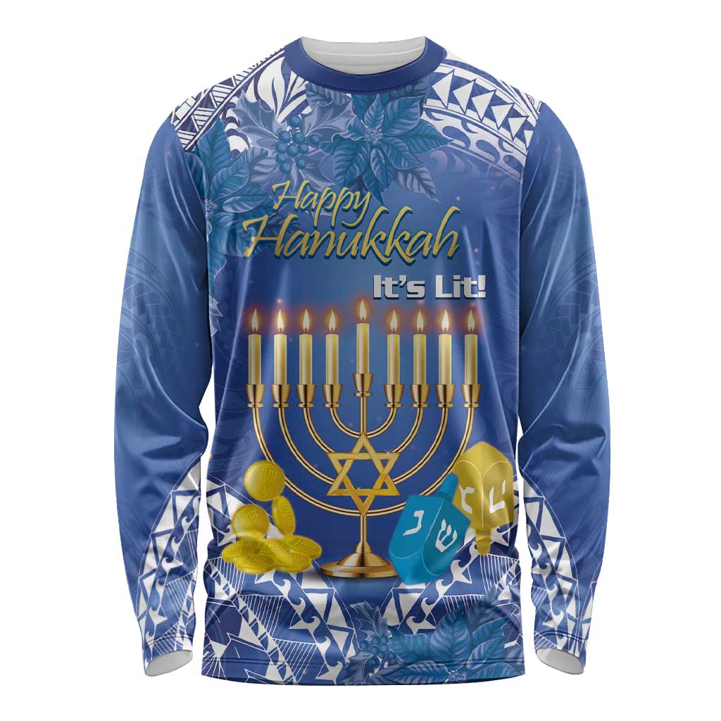 Personalised Hanukkah Jewish Festival Long Sleeve Shirt It's Lit - Polynesian Pattern LT14 Unisex Blue - Polynesian Pride
