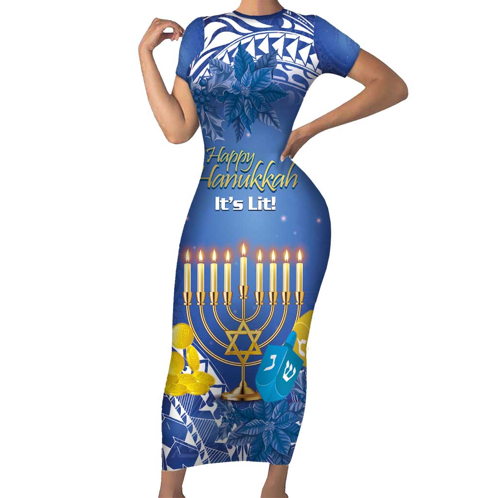 Personalised Hanukkah Jewish Festival Short Sleeve Bodycon Dress It's Lit - Polynesian Pattern LT14 Long Dress Blue - Polynesian Pride