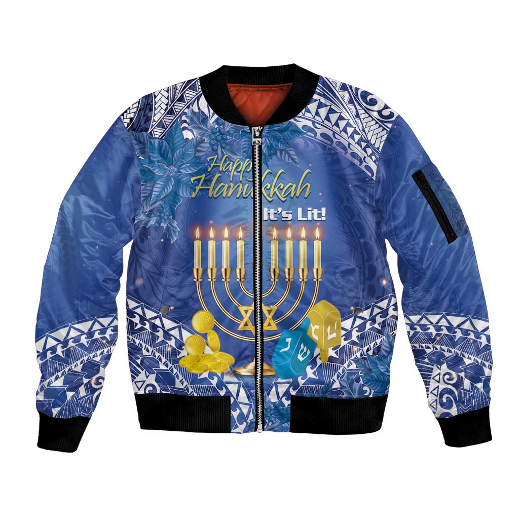 Personalised Hanukkah Jewish Festival Sleeve Zip Bomber Jacket It's Lit - Polynesian Pattern LT14 Unisex Blue - Polynesian Pride