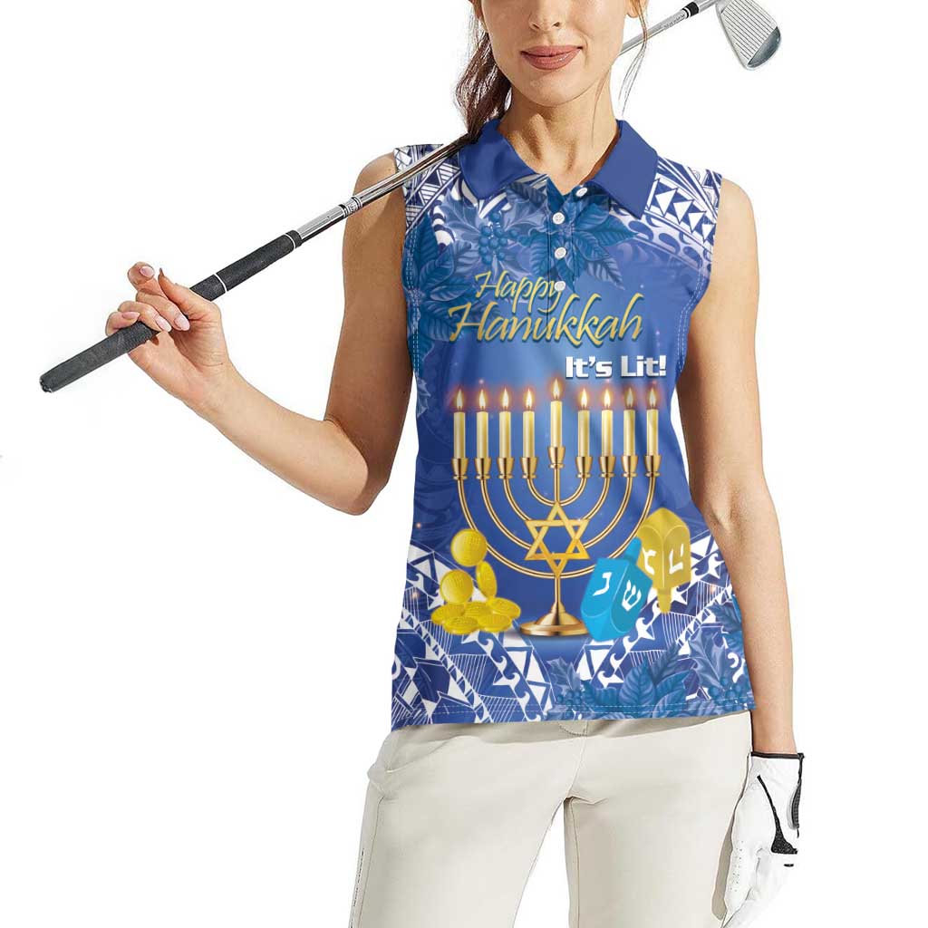 Personalised Hanukkah Jewish Festival Women Sleeveless Polo Shirt It's Lit - Polynesian Pattern