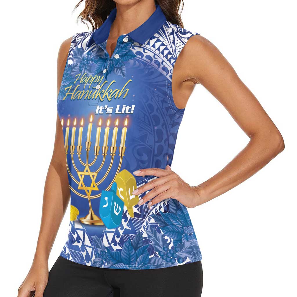 Personalised Hanukkah Jewish Festival Women Sleeveless Polo Shirt It's Lit - Polynesian Pattern