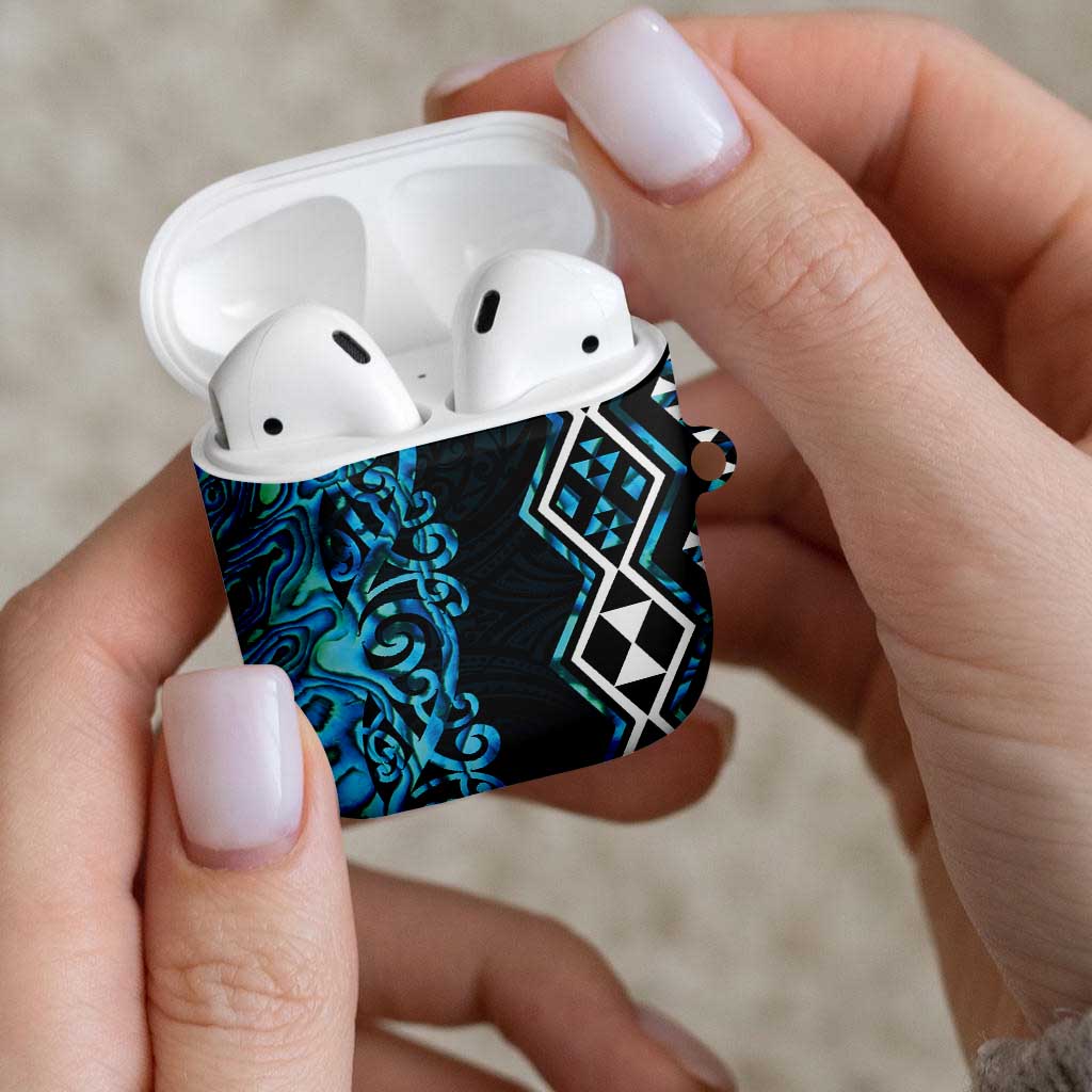 Turquoise Aotearoa AirPods Case Taniko Motifs With Paua Shell Kowhaiwhai - Polynesian Pride