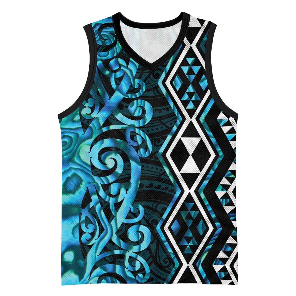 Turquoise Aotearoa Basketball Jersey Taniko Motifs With Paua Shell Kowhaiwhai - Polynesian Pride