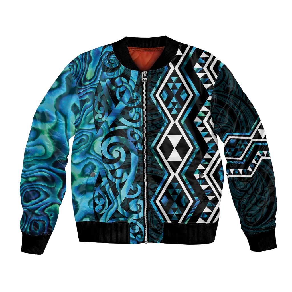 Turquoise Aotearoa Bomber Jacket Taniko Motifs With Paua Shell Kowhaiwhai LT14 Unisex Turquoise - Polynesian Pride