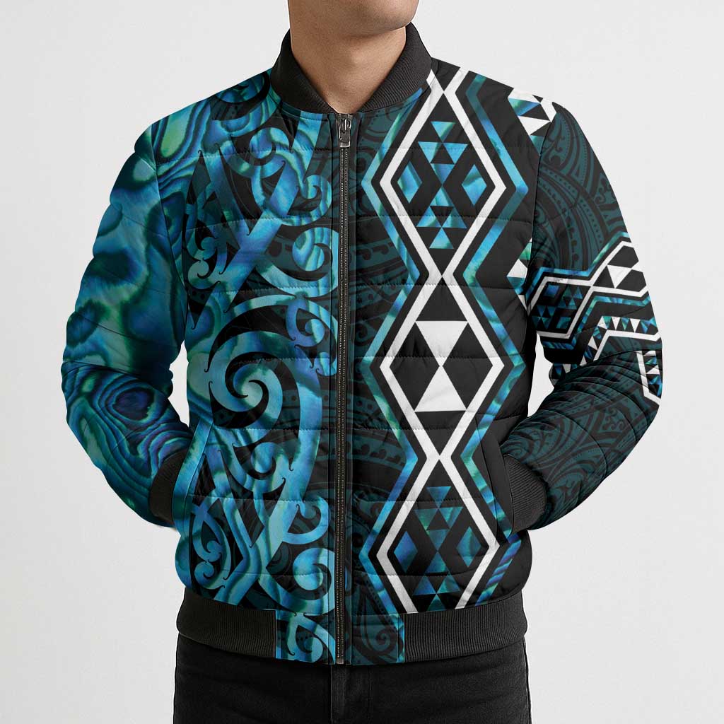 Turquoise Aotearoa Bomber Puffer Jacket Taniko Motifs With Paua Shell Kowhaiwhai LT14 - Polynesian Pride