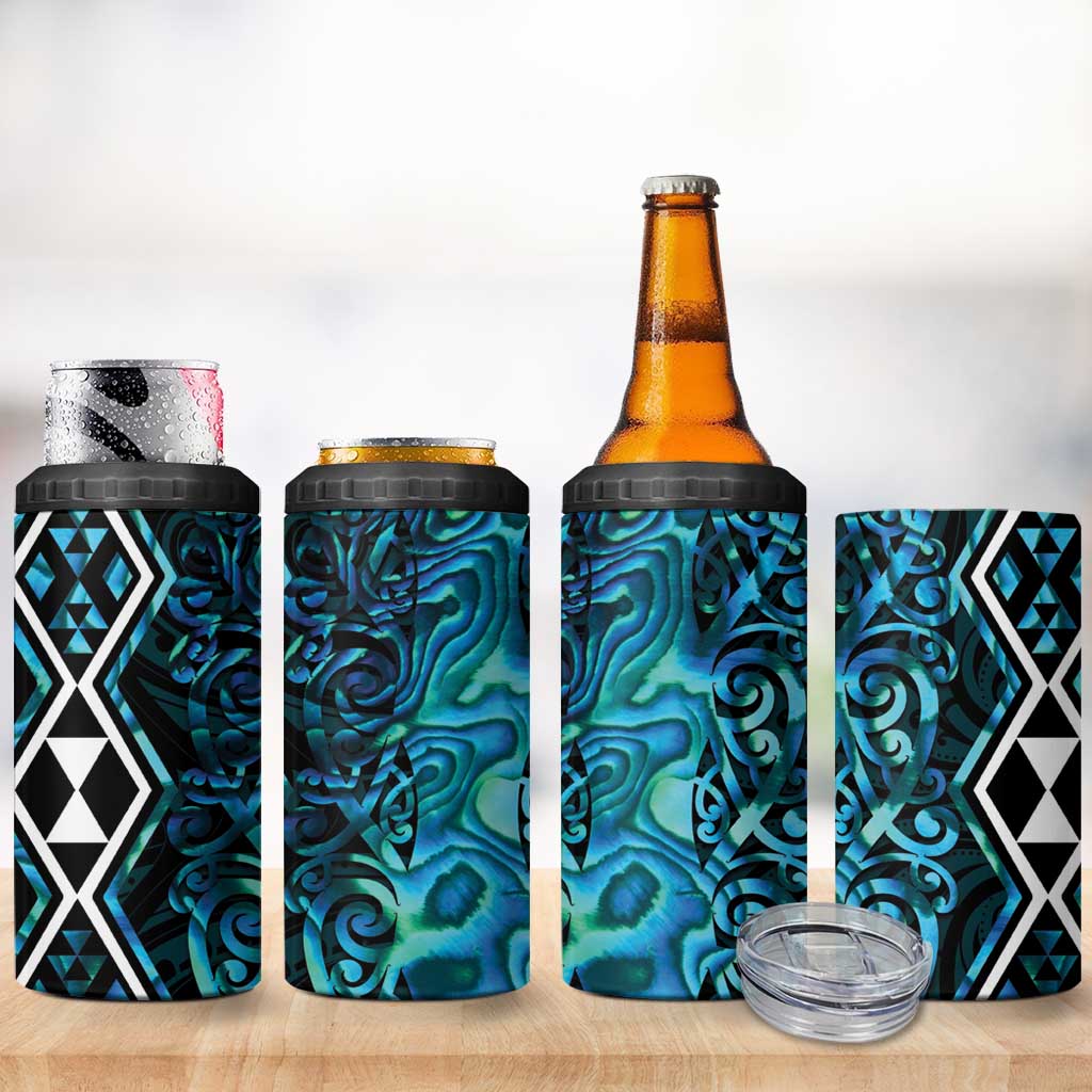 Turquoise Aotearoa 4 in 1 Can Cooler Tumbler Taniko Motifs With Paua Shell Kowhaiwhai