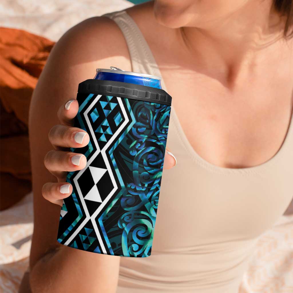 Turquoise Aotearoa 4 in 1 Can Cooler Tumbler Taniko Motifs With Paua Shell Kowhaiwhai