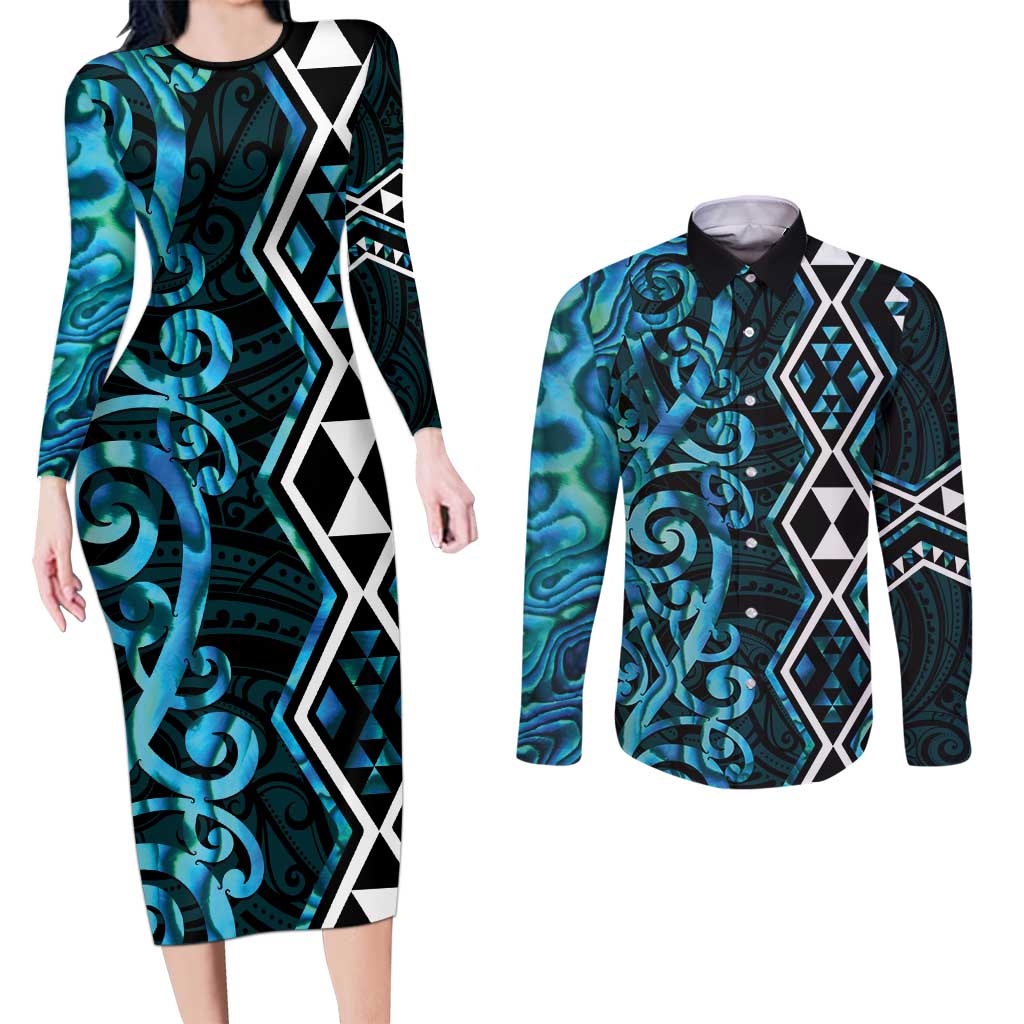 Turquoise Aotearoa Couples Matching Long Sleeve Bodycon Dress and Long Sleeve Button Shirt Taniko Motifs With Paua Shell Kowhaiwhai LT14 Turquoise - Polynesian Pride
