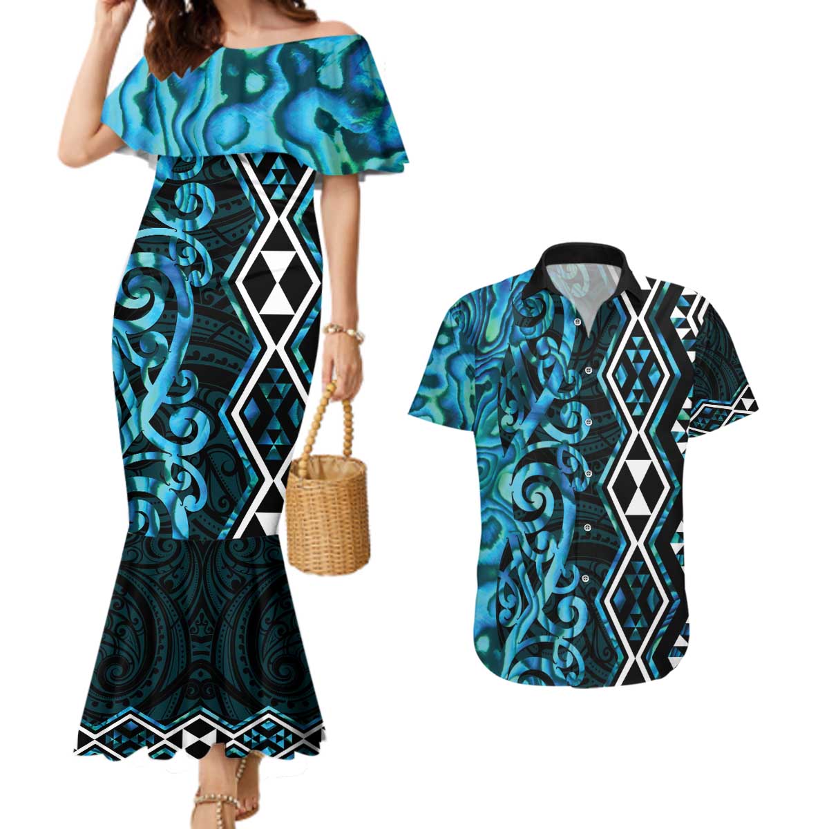 Turquoise Aotearoa Couples Matching Mermaid Dress and Hawaiian Shirt Taniko Motifs With Paua Shell Kowhaiwhai
