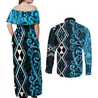 Turquoise Aotearoa Couples Matching Off Shoulder Maxi Dress and Long Sleeve Button Shirt Taniko Motifs With Paua Shell Kowhaiwhai