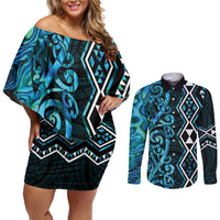 Turquoise Aotearoa Couples Matching Off Shoulder Short Dress and Long Sleeve Button Shirt Taniko Motifs With Paua Shell Kowhaiwhai
