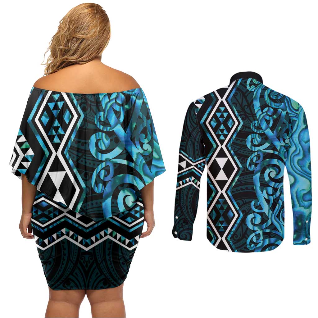 Turquoise Aotearoa Couples Matching Off Shoulder Short Dress and Long Sleeve Button Shirt Taniko Motifs With Paua Shell Kowhaiwhai