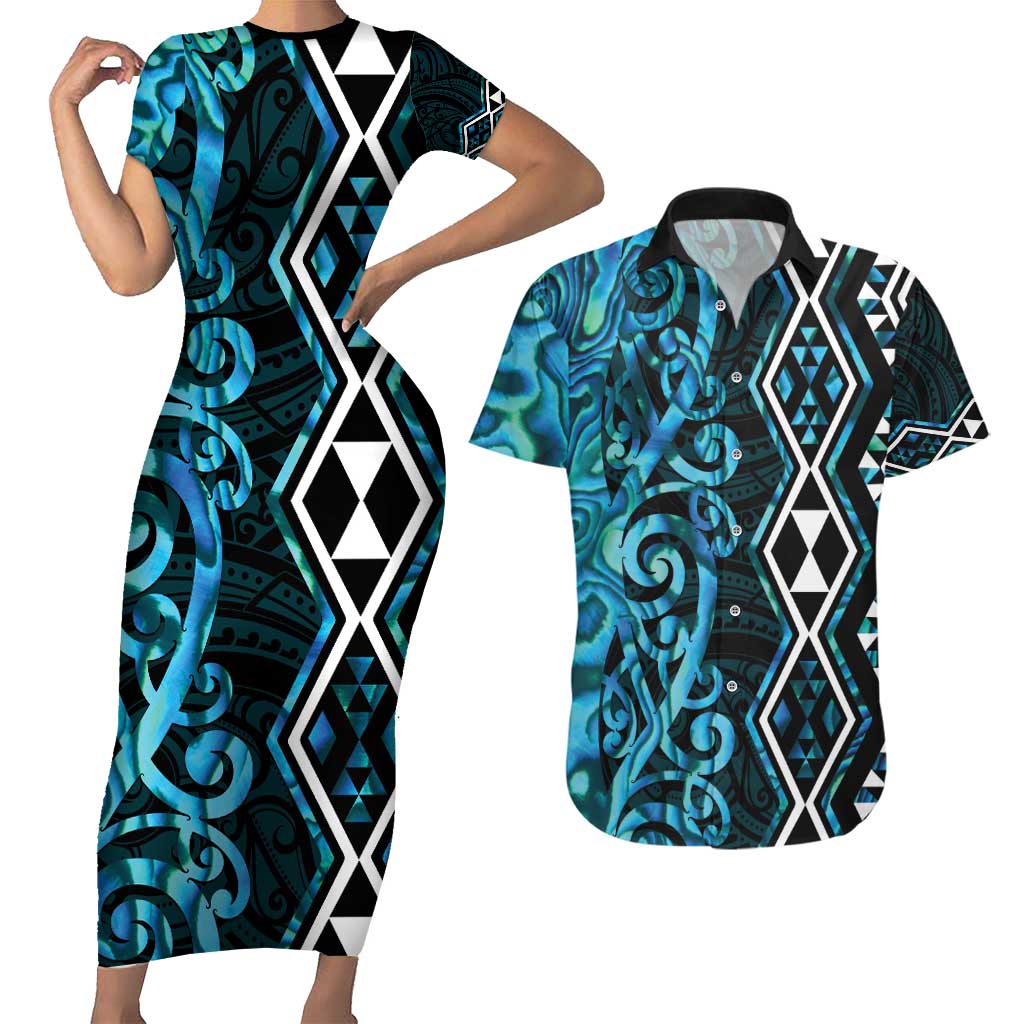 Turquoise Aotearoa Couples Matching Short Sleeve Bodycon Dress and Hawaiian Shirt Taniko Motifs With Paua Shell Kowhaiwhai