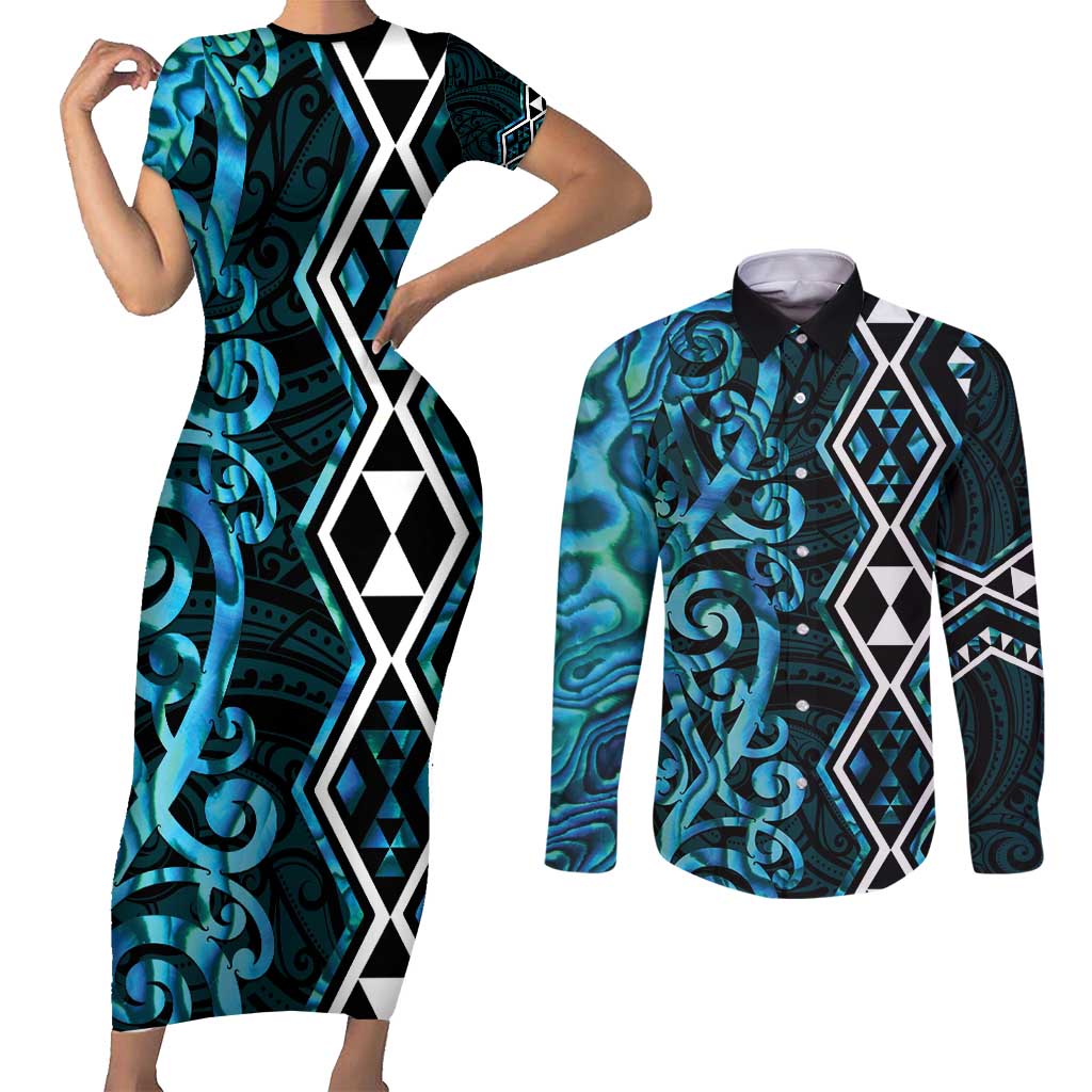 Turquoise Aotearoa Couples Matching Short Sleeve Bodycon Dress and Long Sleeve Button Shirt Taniko Motifs With Paua Shell Kowhaiwhai LT14 Turquoise - Polynesian Pride